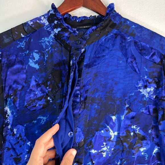 Elie Tahari Womens Teddie Printed Ruffle Neck Blouse XL Mod Fairycore Silk Blend - Picture 5 of 11